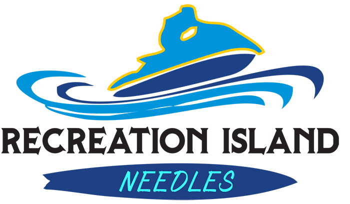 A logo for recreation island needles with a boat in the water