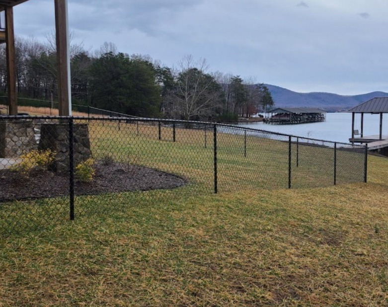 Black chain-link fence bordering a grassy lakeside yard under an overcast sky.