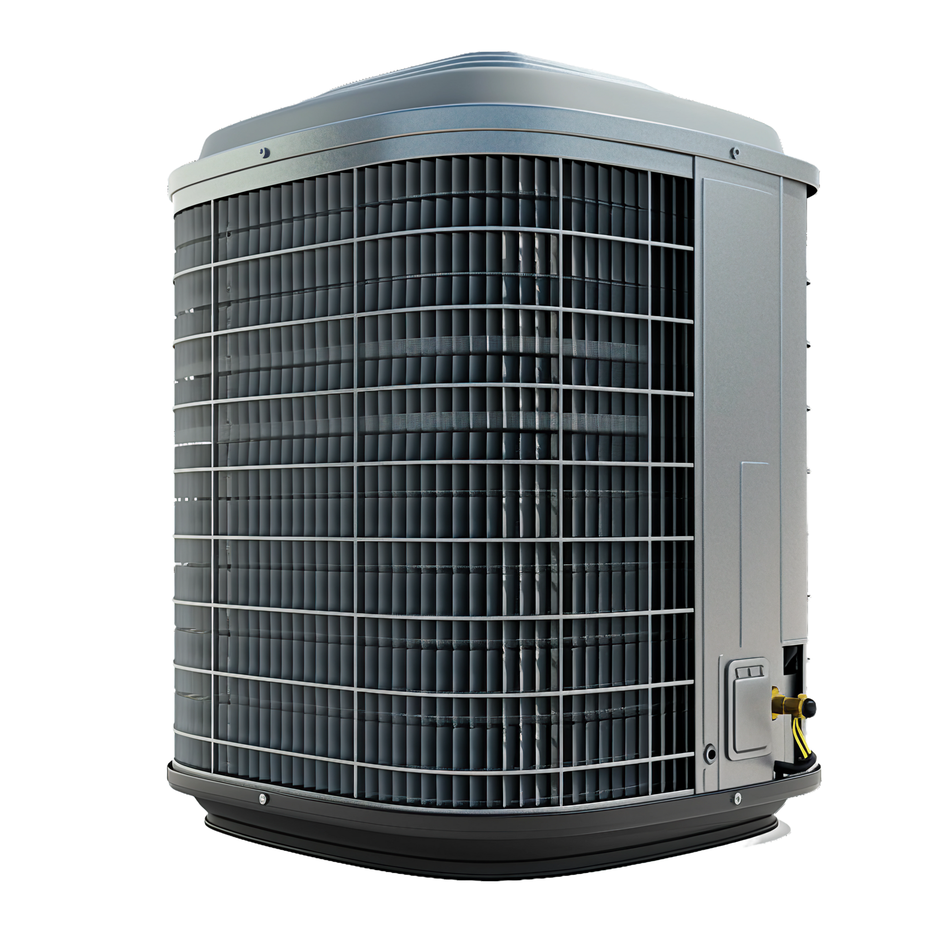 Gray outdoor air conditioning unit with black grille and top fan cover