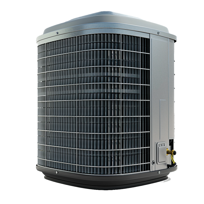 Gray outdoor air conditioning unit with black grille and top fan cover