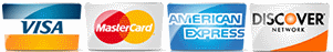 Visa, MasterCard, American Express, and Discover payment logos on a white background