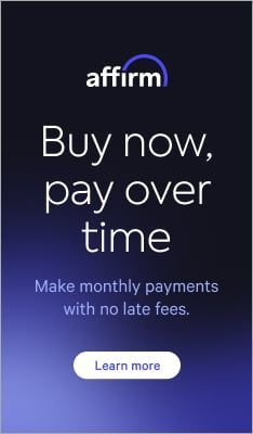 Affirm ad with dark blue gradient: “Buy now, pay over time” and “Learn more” button