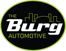 The Bury Automotive logo with black oval, neon green outline, and city skyline graphic