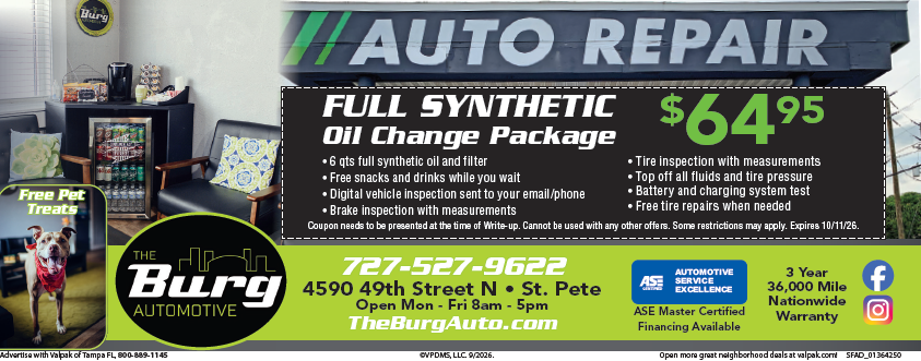 Auto repair ad with green and black design, $64.95 full synthetic oil change package at Burg Automotive.