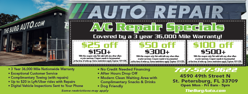 Auto repair and AC service ad with green pricing boxes and a shop exterior on the left.