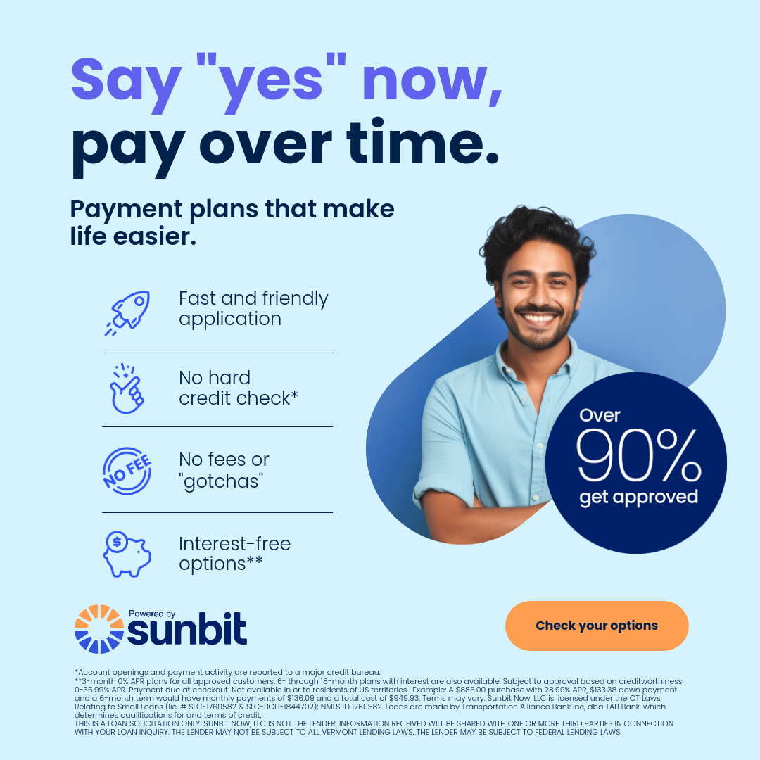Sunbit ad with smiling man, “Say yes now, pay over time” and “Get approved” badge on blue background