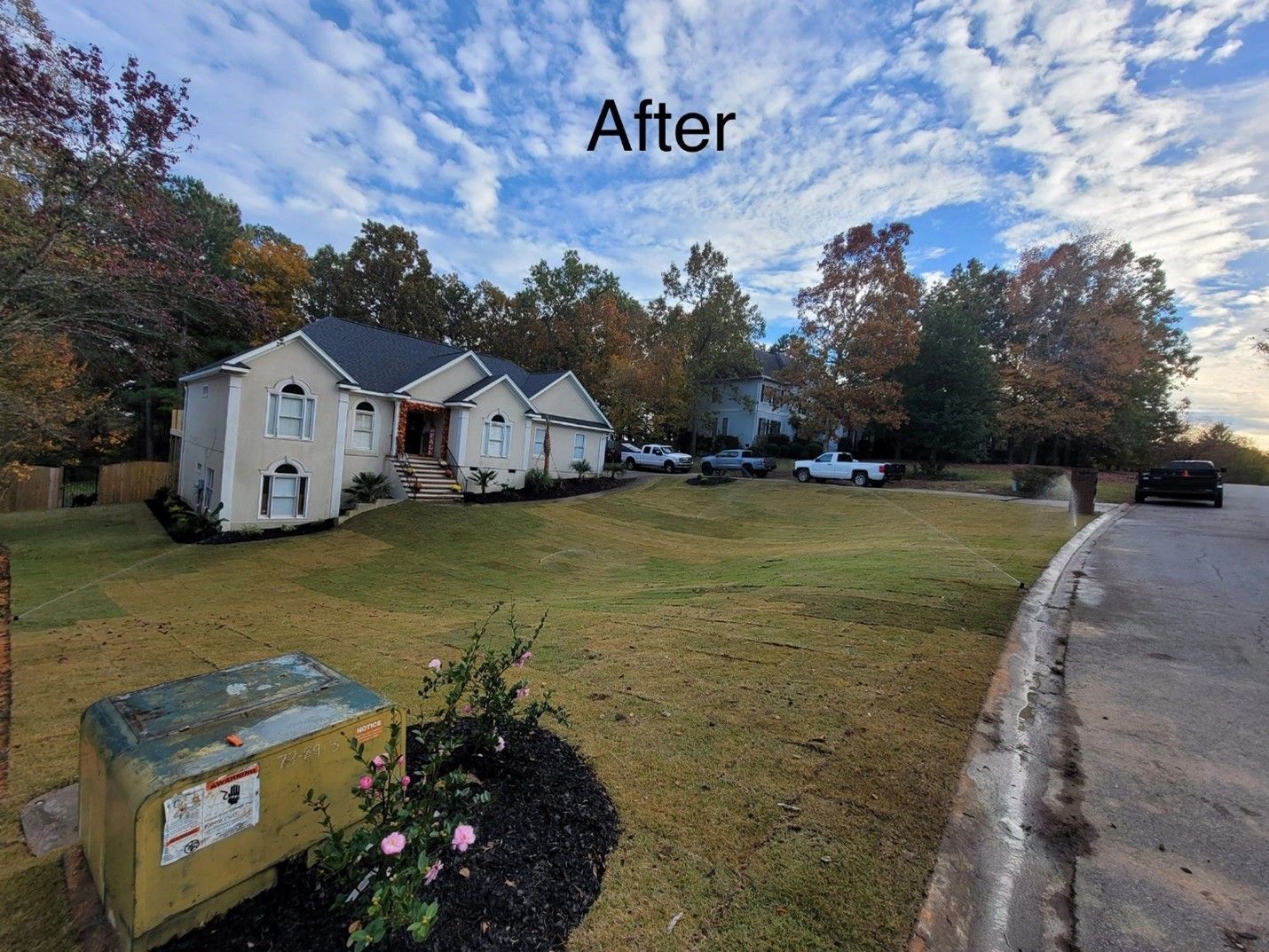 house with beautiful landscape and installed sprinkler system