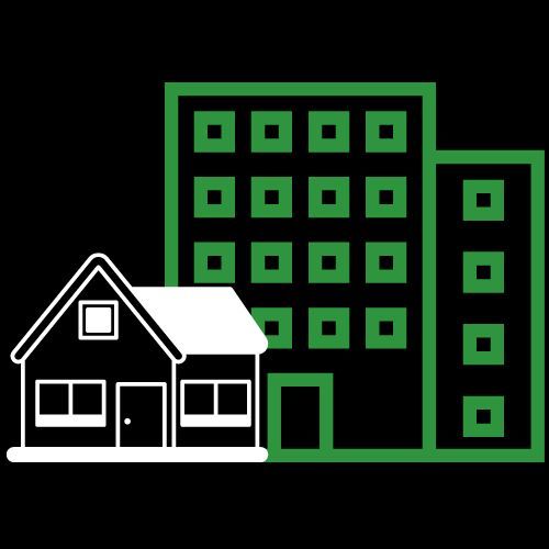 graphic for house clearances shows a residential house and an apartment block
