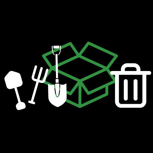 graphic of garden and waste clearance shows tools, cardboard box & bin