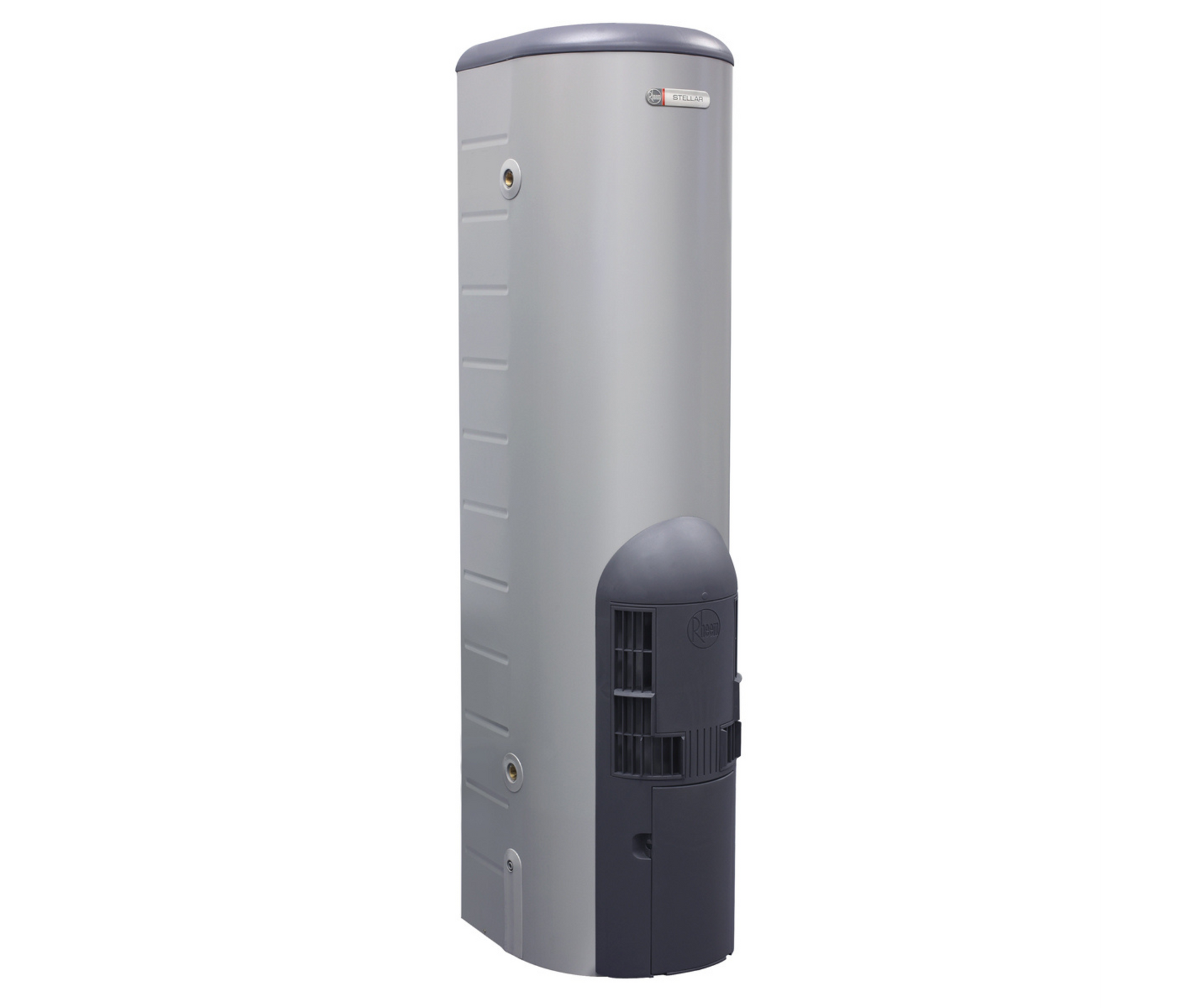 Gray and black tall water heater.