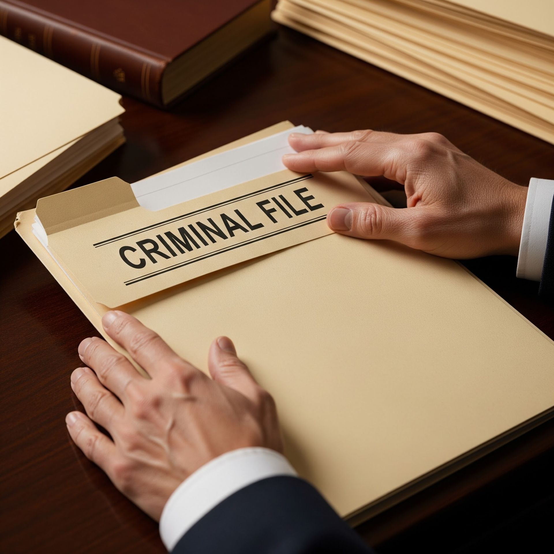 hands closing a file titled criminal file