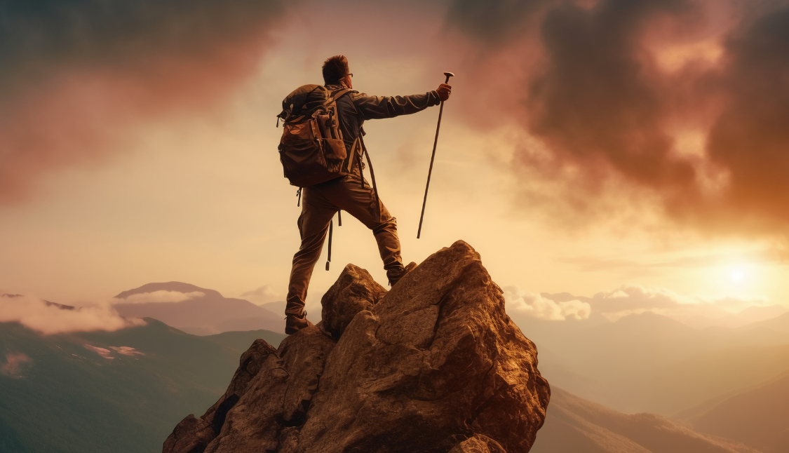 Silhouette of a person standing on a rocky outcrop against a dramatic sunset sky