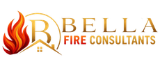 Bella Fire Consultants logo with a gold “B,” orange flame, and black text on white background