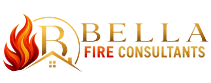 Bella Fire Consultants logo with gold house, red flame, and gold lettering on a white background