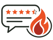 Review speech bubble with 4.5 orange stars and a red flame icon