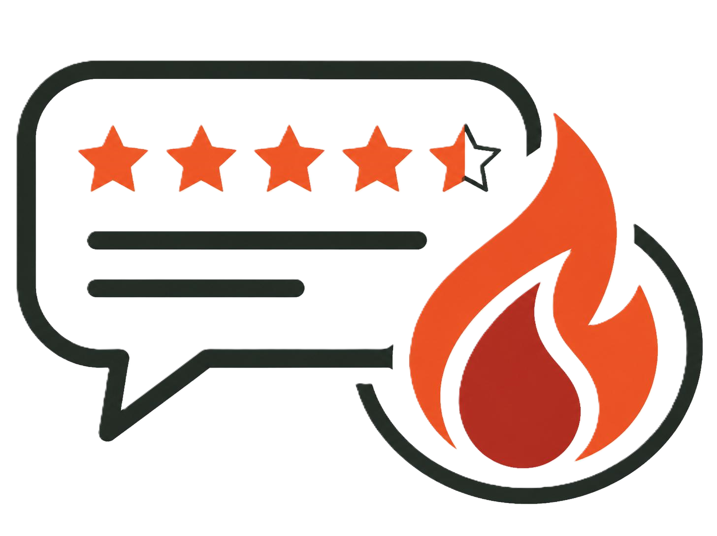 Review speech bubble with 4.5 orange stars and a red flame icon