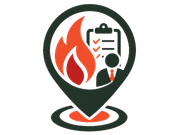 Fire safety inspection icon with flame, clipboard checklist, and map pin marker