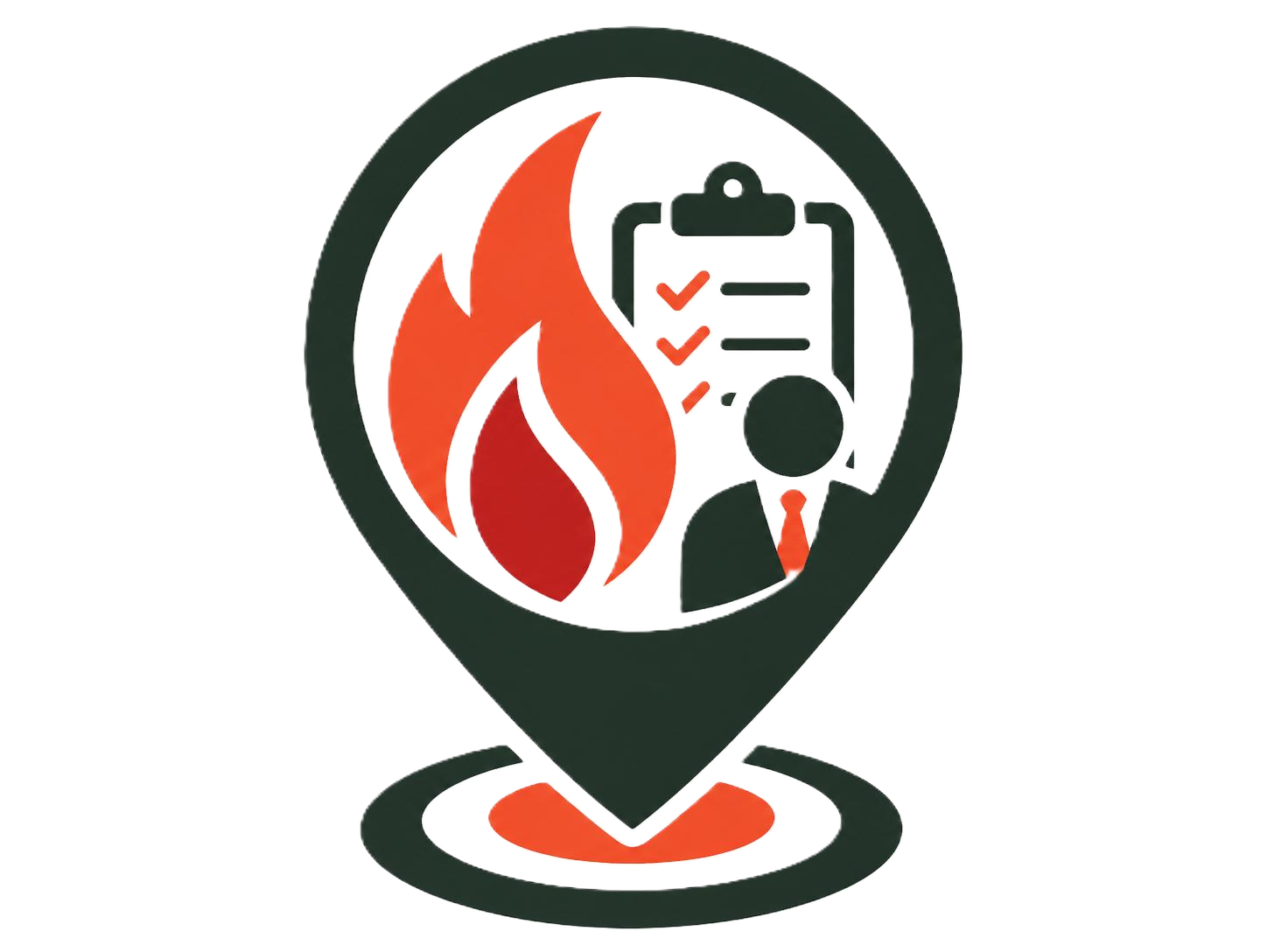 Fire safety inspection icon with flame, clipboard checklist, and map pin marker