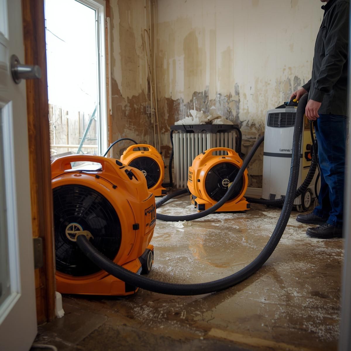 Technicians use industrial air movers and a dehumidifier to dry a water-damaged room with stripped wallpaper.