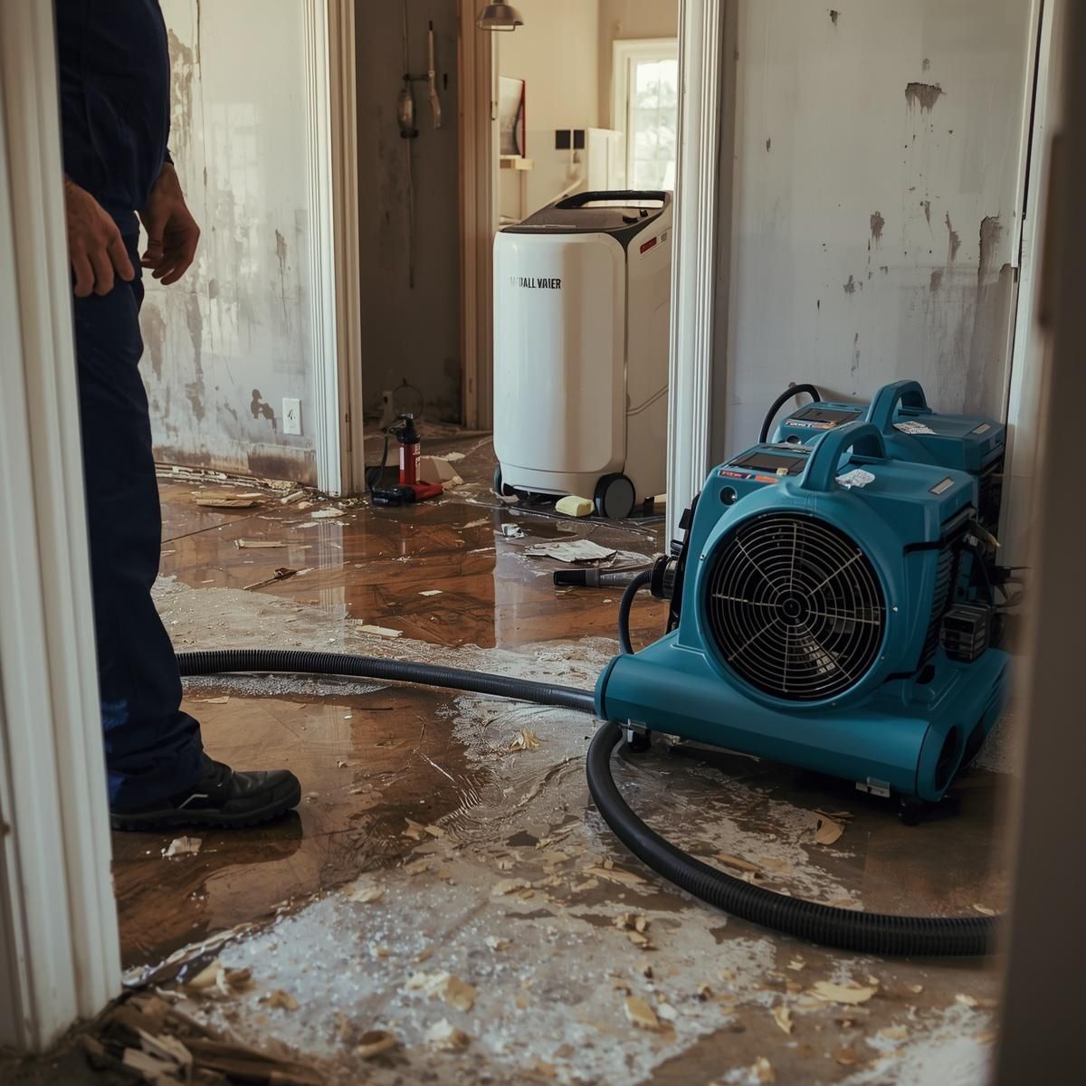 Industrial dehumidifiers and air movers on a wet, damaged floor during a water remediation project in a house.