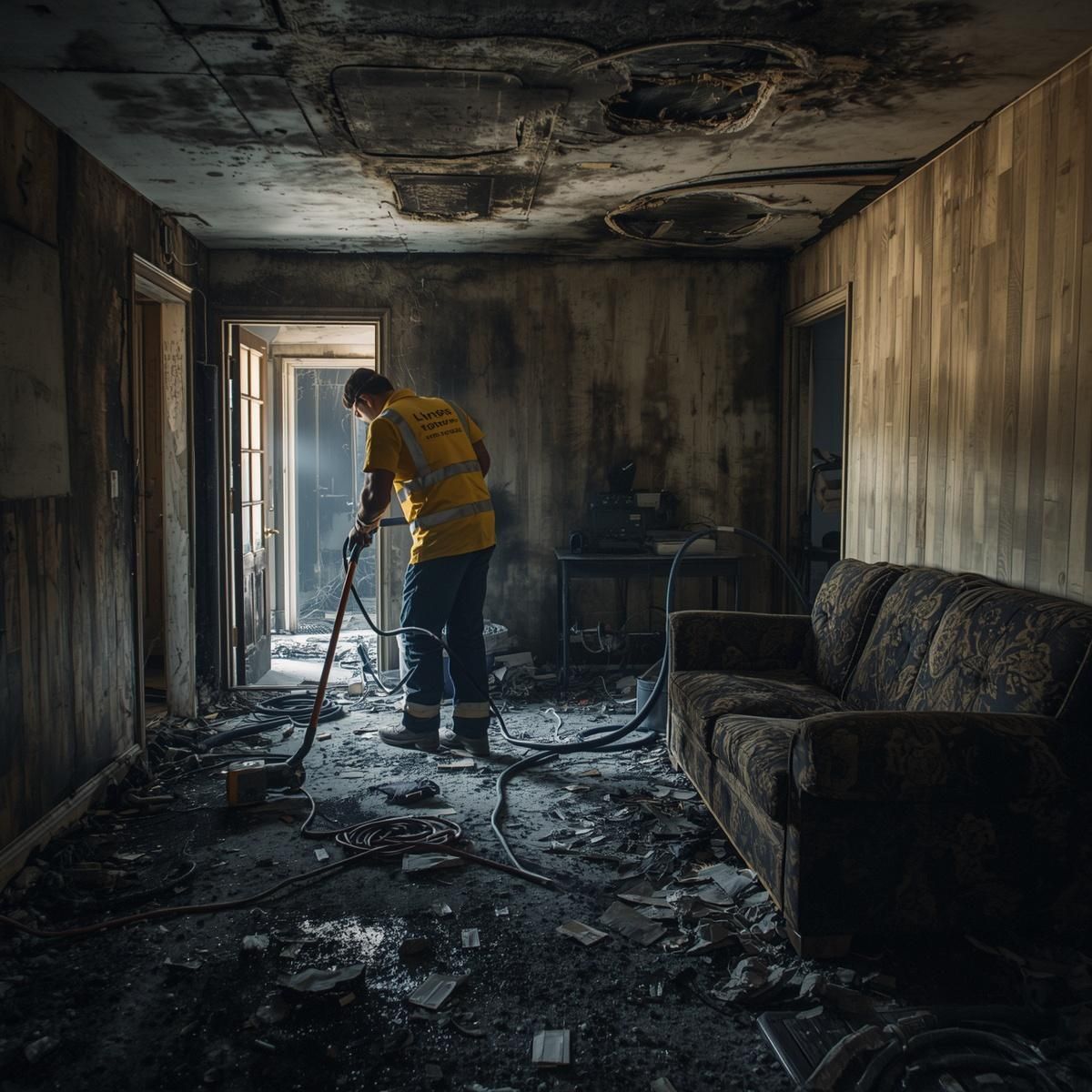 A person in a high-visibility yellow uniform cleans soot from a fire-damaged room with a charred sofa and ceiling.