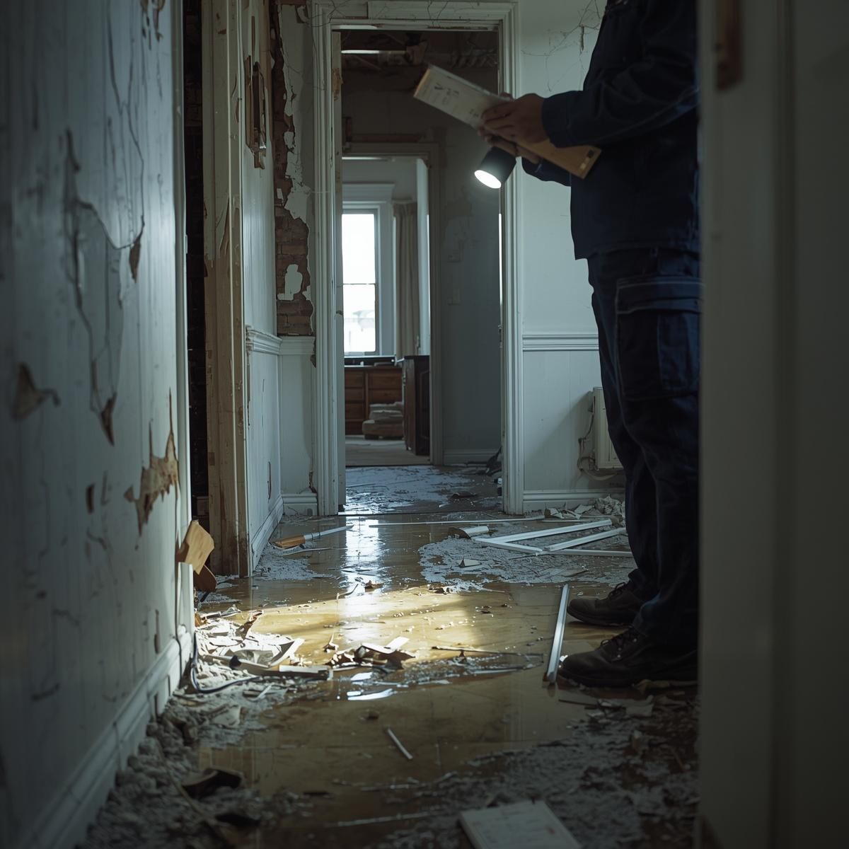 A person in dark clothing stands in a damaged, debris-filled hallway holding a flashlight and a clipboard.