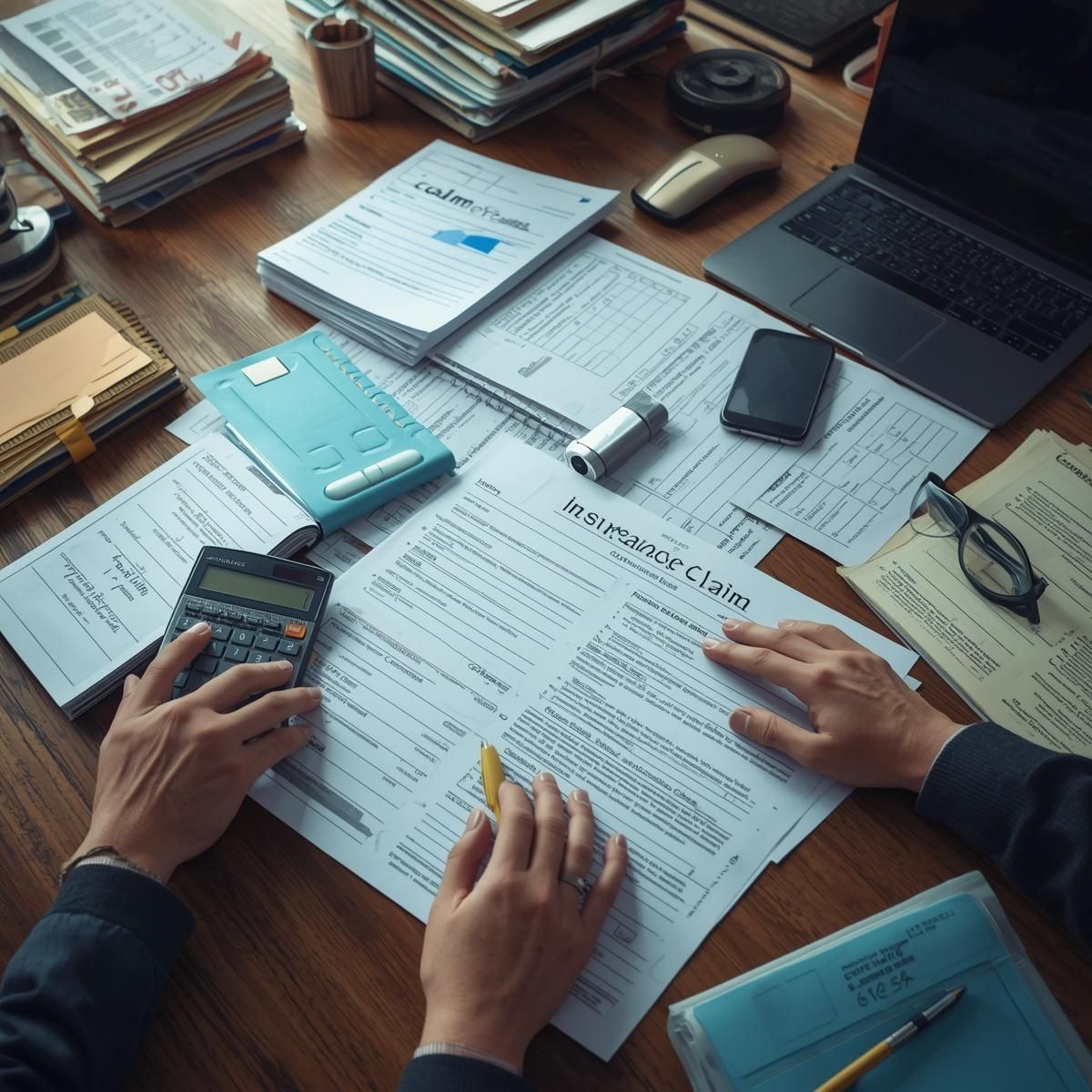 Hands work with a calculator and documents on a cluttered office desk featuring a laptop, glasses, and stacks of papers.