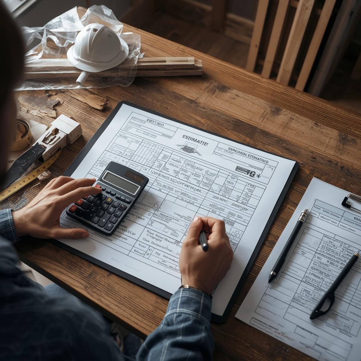 A person uses a calculator and pen to review technical paperwork and blueprints on a wooden desk.