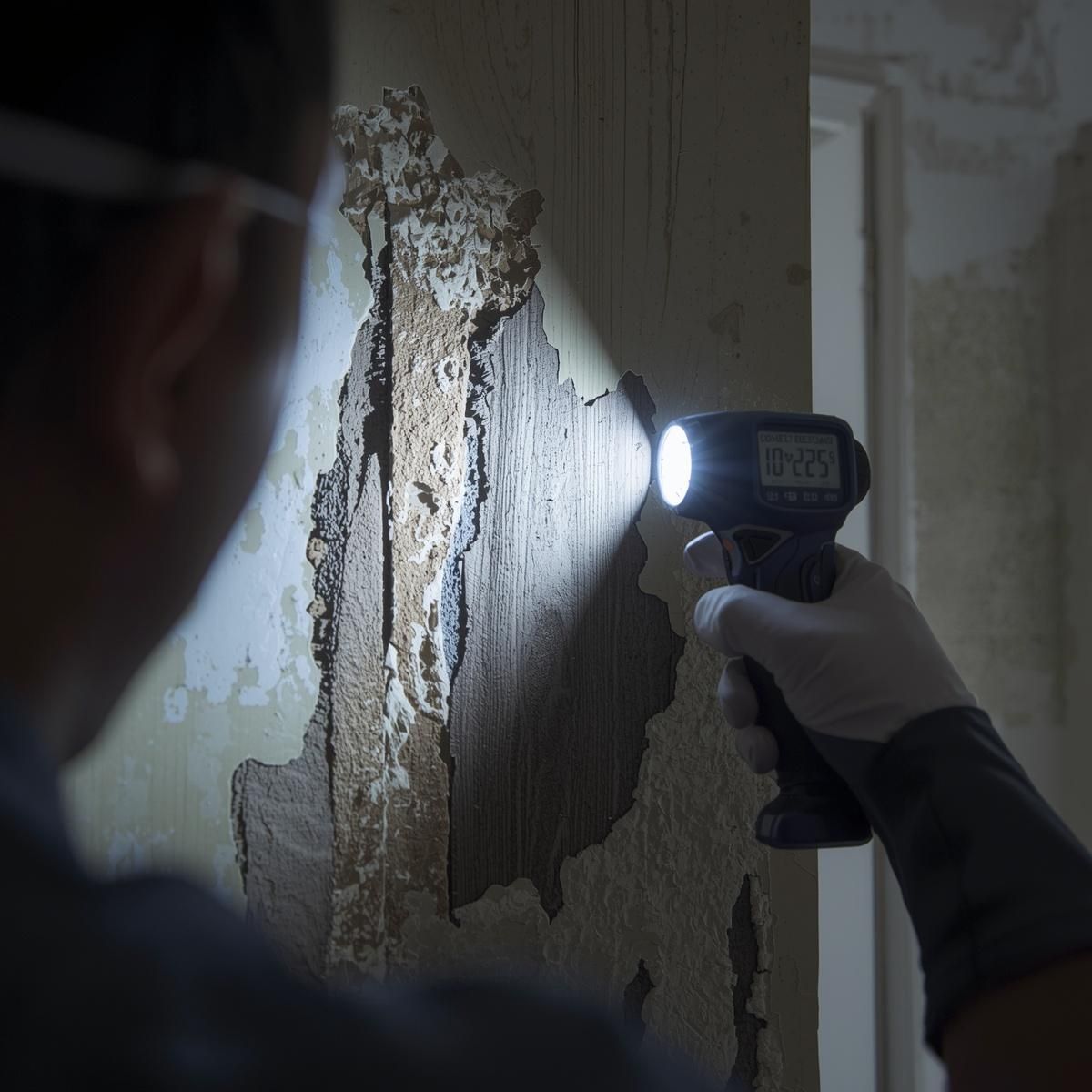 A person wearing gloves uses a digital moisture meter and light to inspect damaged, peeling wallpaper on a wall.