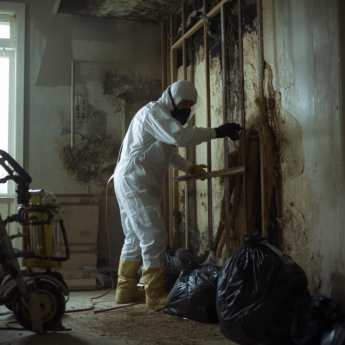 A person in a white hazmat suit and mask inspects water-damaged wall studs while cleaning up debris in plastic bags.