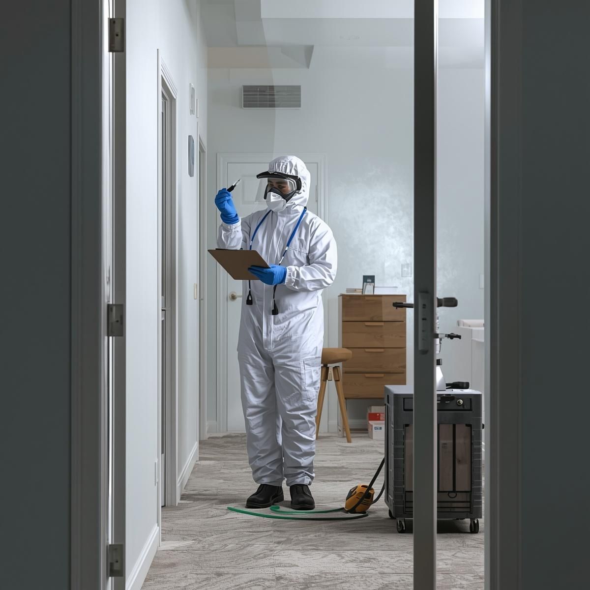 A professional in a white hazmat suit and blue gloves inspects a wall with a pen and clipboard in a bright hallway.