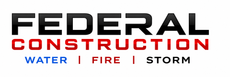Logo for Federal Insurance Restoration featuring a house icon inside a red triangle, with text listing services.
