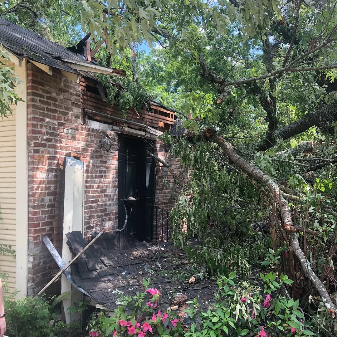 A brick building exterior with fire damage and a large fallen tree branch resting on the roof and porch.