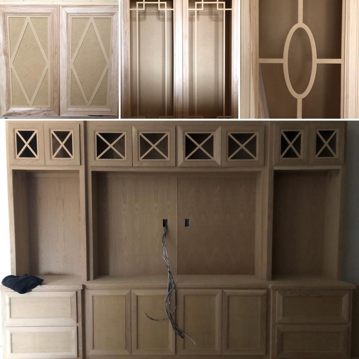Large oak-colored media center with custom cabinet door styles, including lattice, geometric, and oval glass designs.