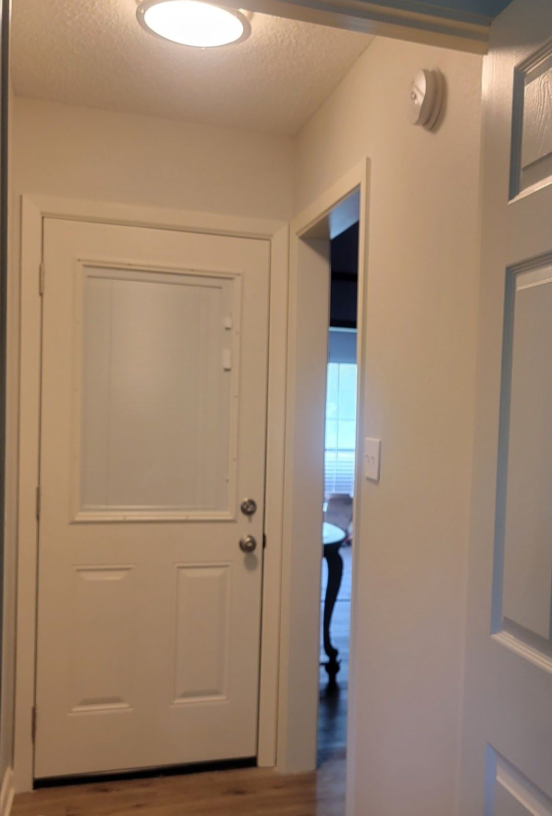 A white entry door with a frosted glass panel, viewed from a hallway with a circular ceiling light and a smoke detector.