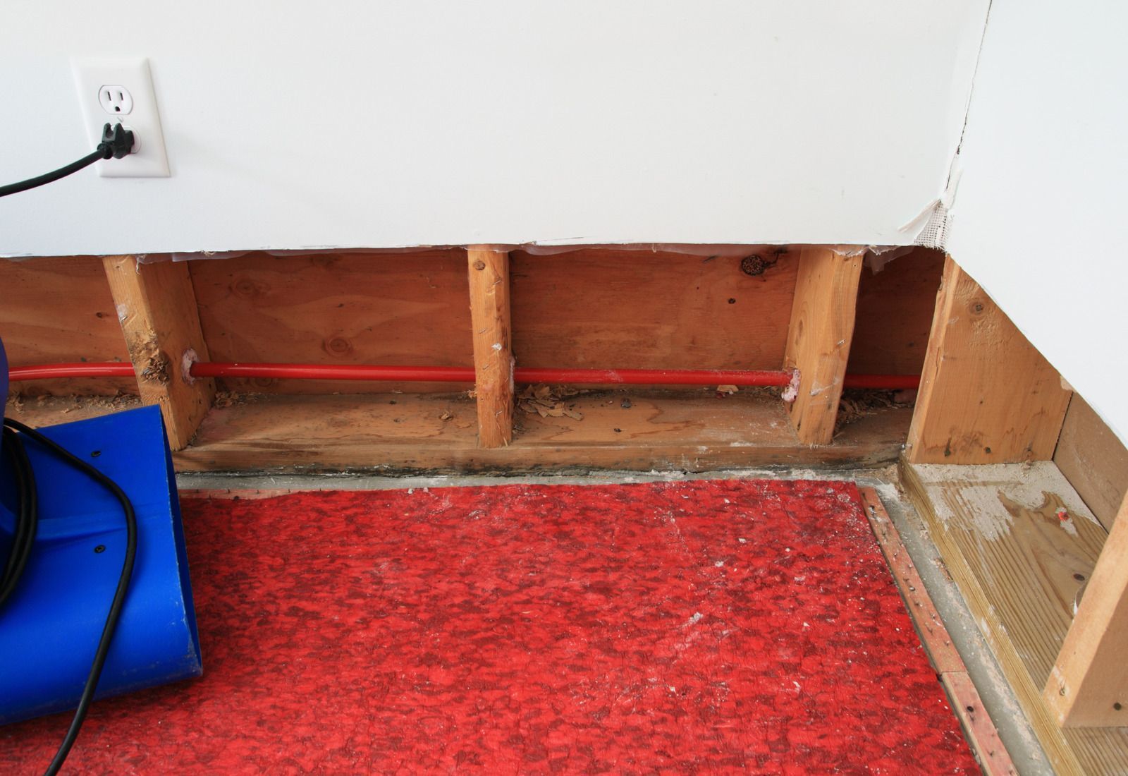 Open wall cavity revealing wooden studs and a red pipe running horizontally above a red carpeted floor.