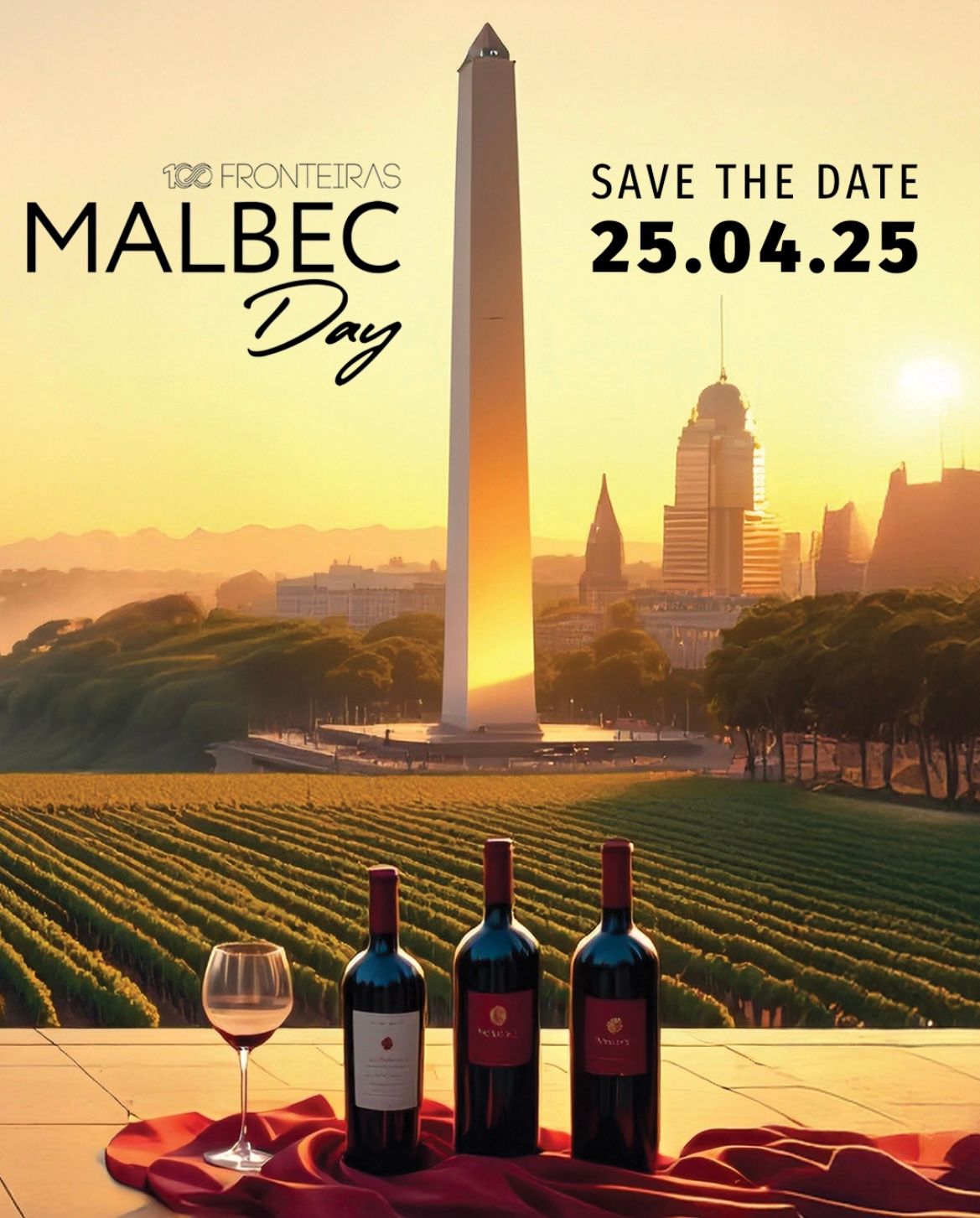 Cartel del evento Día del Malbec: Botellas de vino, copas y escena de viñedo con un monumento al atardecer.
