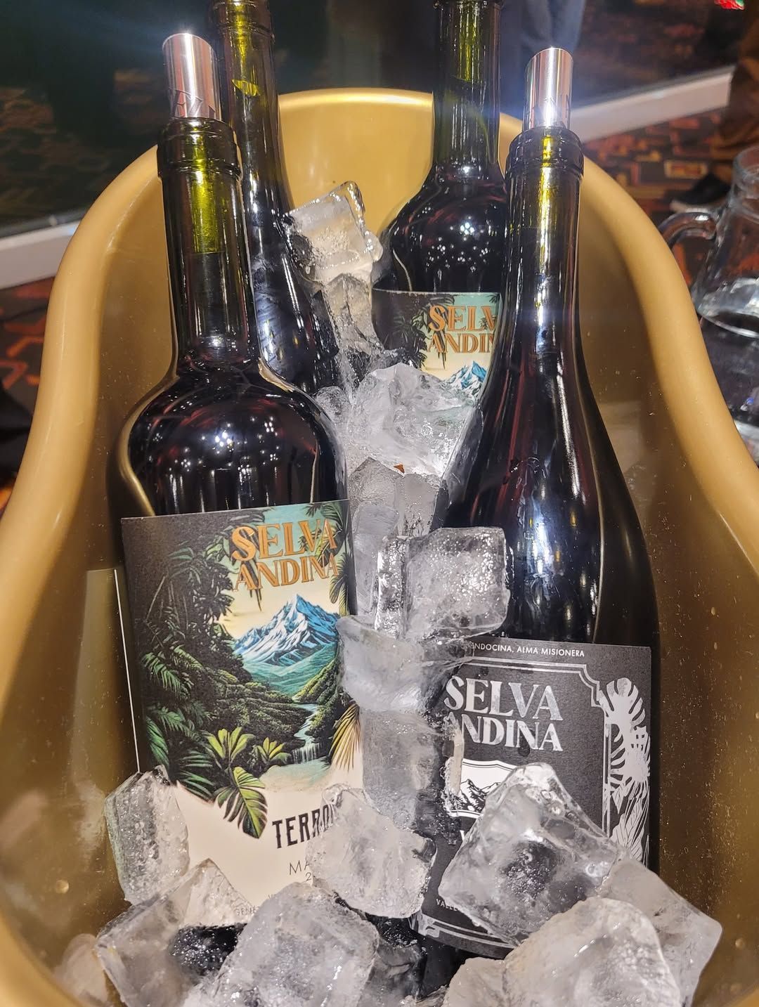 Botellas de vino en una cubitera con hielo, con las etiquetas hacia afuera.