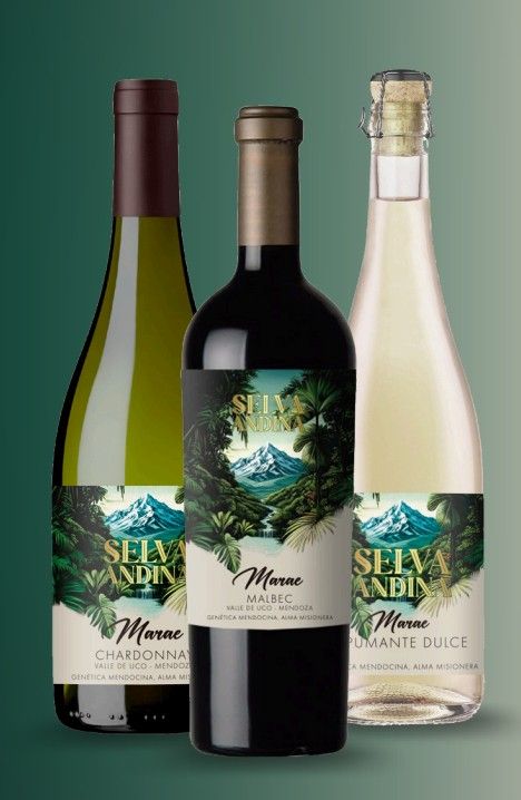 Tres botellas de vino con etiquetas que representan un paisaje de montaña.