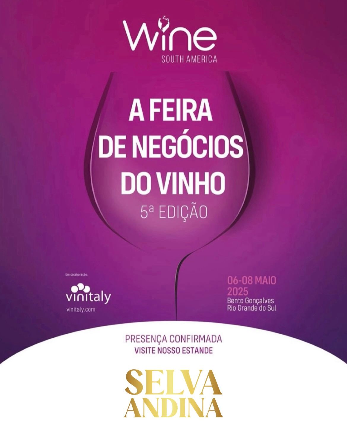 Cartel de la feria de negocios del vino en Sudamérica, de color morado, con copa de vino, detalles del evento y logotipo.