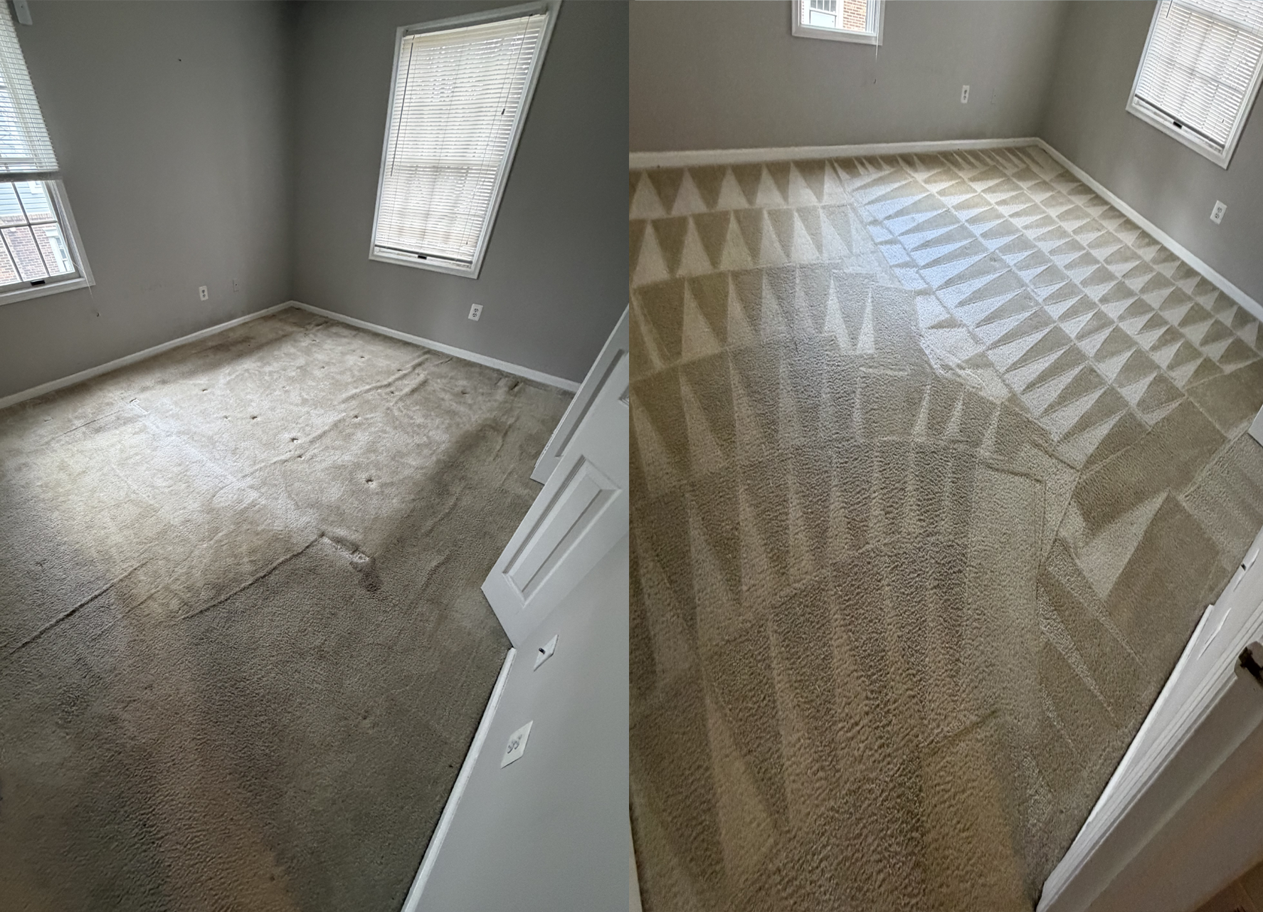 A split-screen view of a bedroom carpet showing a dirty, dark gray surface on the left and a clean, patterned one on right. A split-screen view of a bedroom carpet showing a dirty, dark gray surface on the left and a clean, patterned one on right.