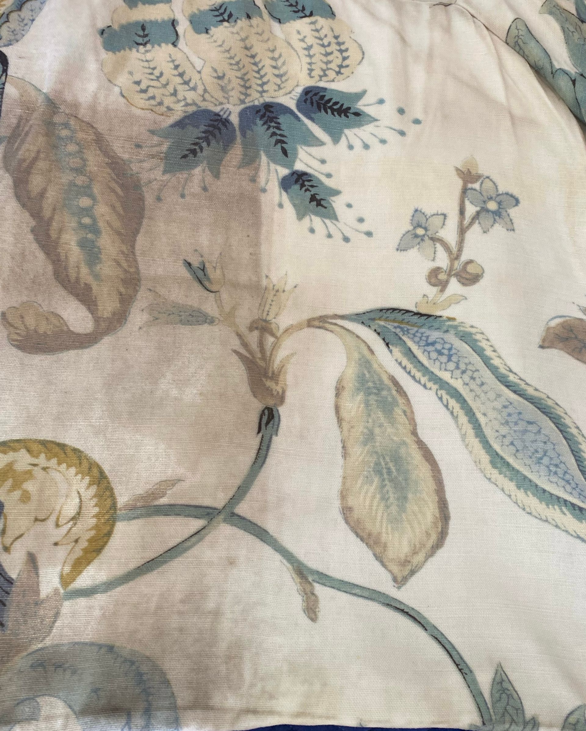Floral patterned fabric in beige, blue, and brown hues.