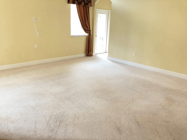 Empty room with beige carpet and walls, a window with a brown curtain, and a door.