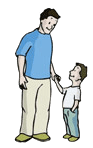 Father and child holding hands, looking at each other, outdoors.