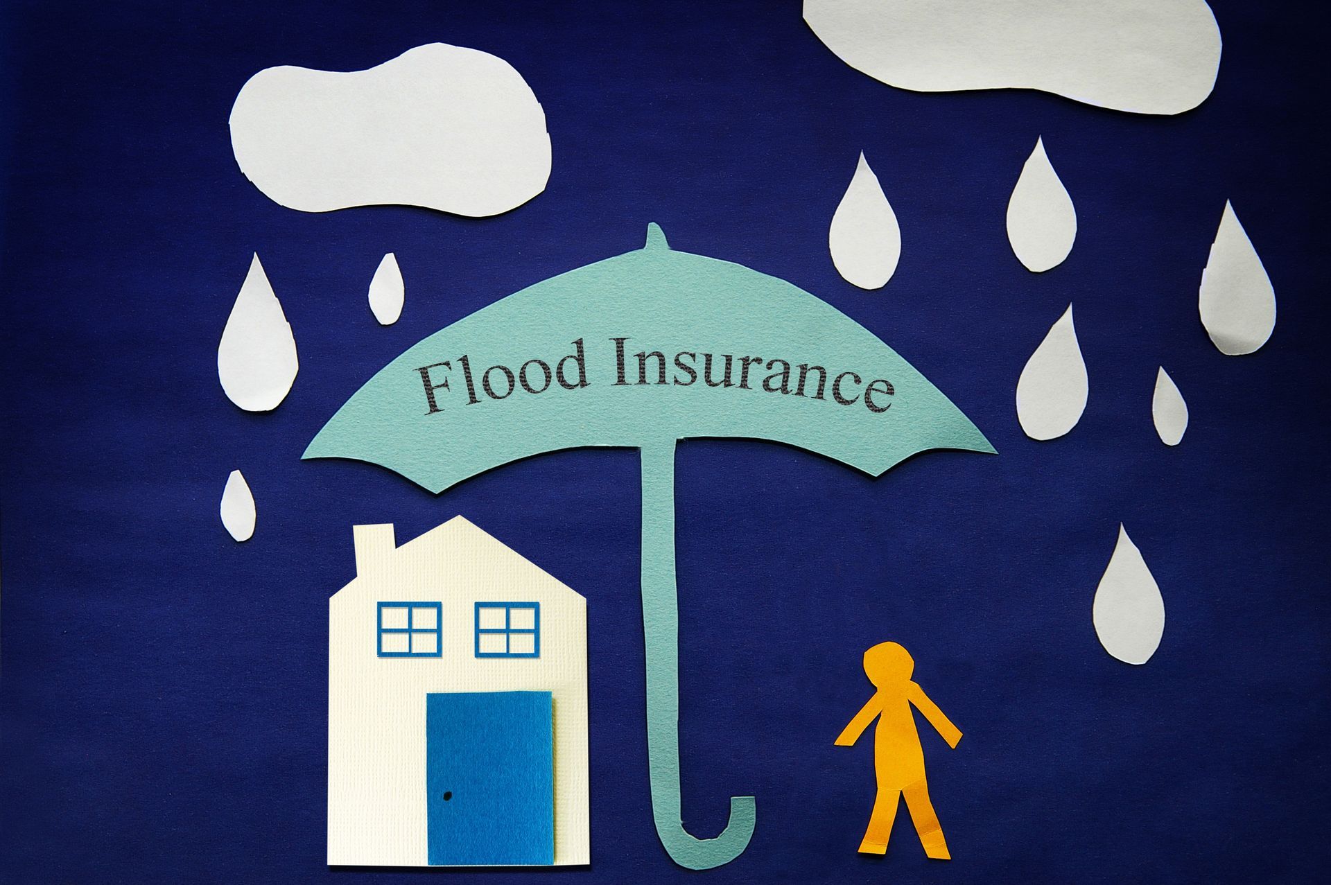 Flood insurance sign over house and person under falling rain, with clouds and raindrops on blue background