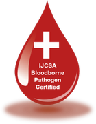 Red droplet logo with white cross and text “IJCSA Bloodborne Pathogen Certified”
