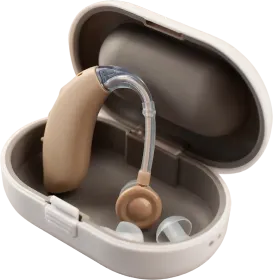 Open beige hearing aid case with a tan behind-the-ear hearing aid inside
