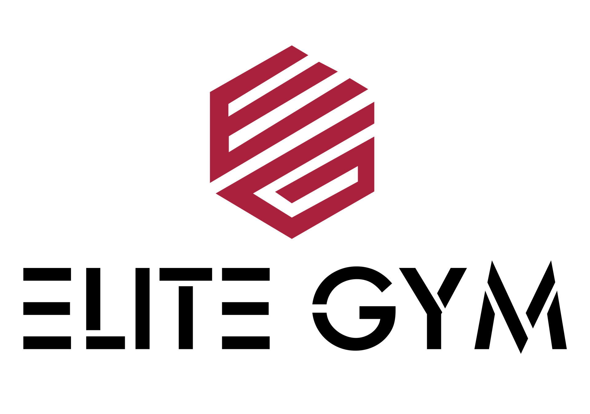 Logo voor Elite Gym: Een bordeauxrood zeshoekig symbool boven zwarte tekst.