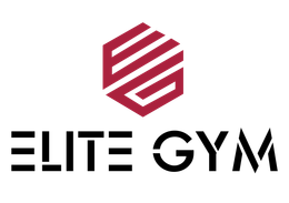 Logo voor Elite Gym: Een bordeauxrood zeshoekig symbool boven zwarte tekst.