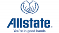The allstate logo is blue and white and says `` you 're in good hands ''.